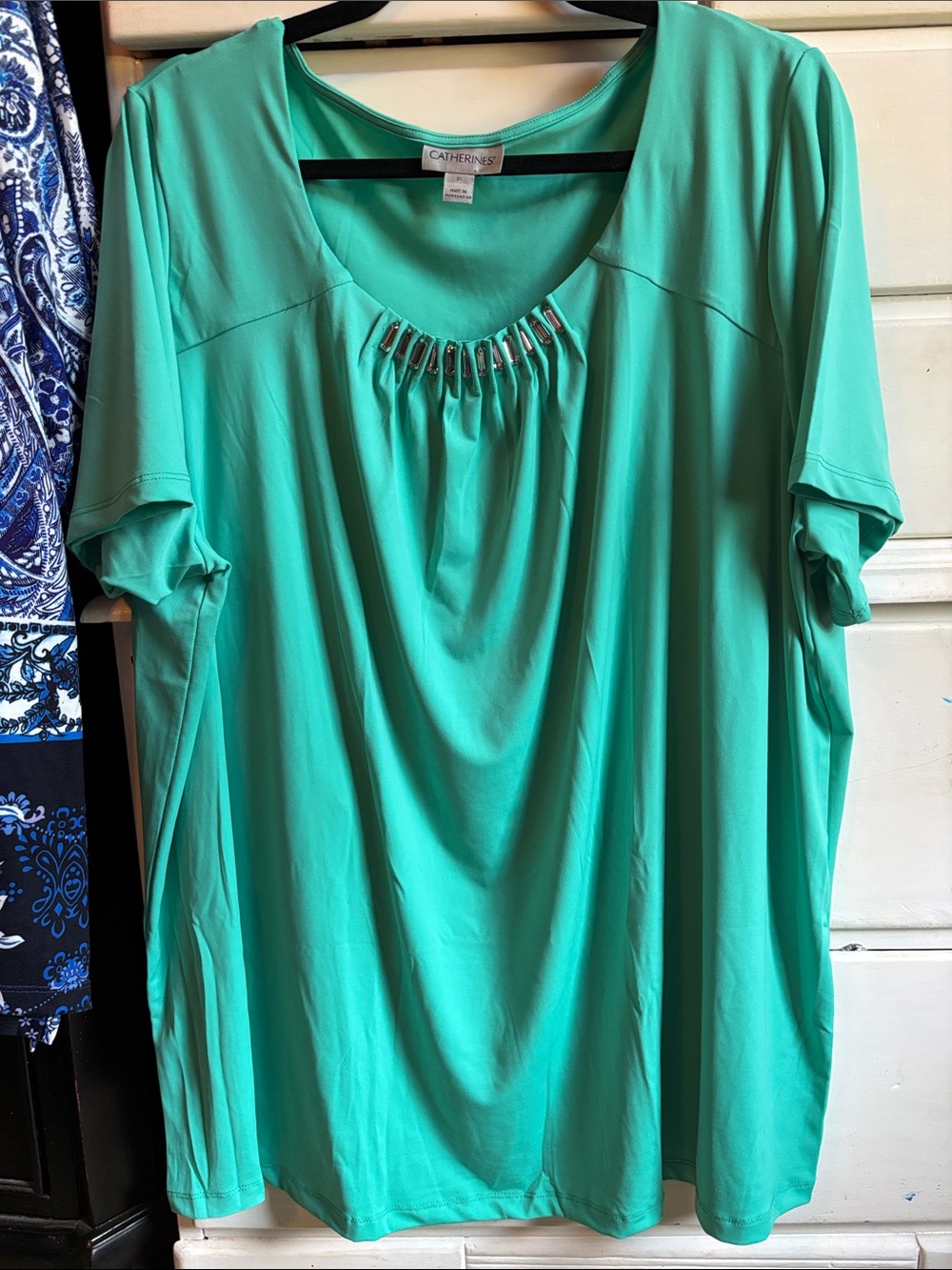 Catherines Teal Short-Sleeve V-Neck Top with Decorative Accents